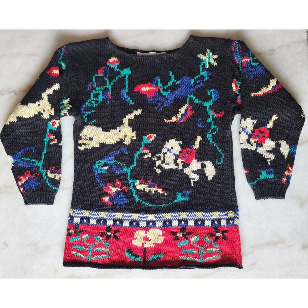 Cambridge Spirit Vintage SM Knit Abstract Equestrian Floral Black Ramie Sweater